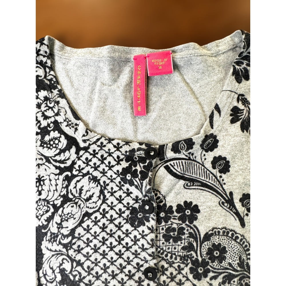 Charlotte Tarantola Black White Floral Print Button Up Cardigan Sweater Y2K Chic - Picture 3 of 5